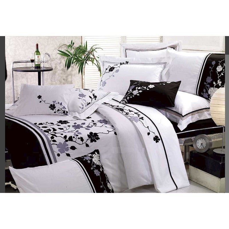 Super King Size Black Grey Embroidery White 3pcs Quilt Cover Set