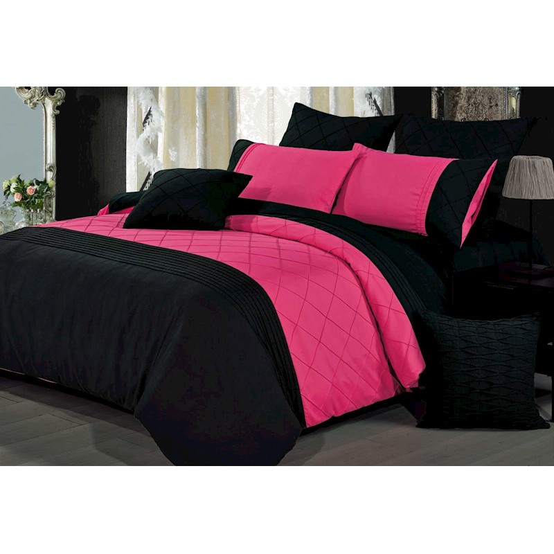 Super King Size Pintuck Hot Pink 3pcs Quilt Cover / Duvet Cover Set