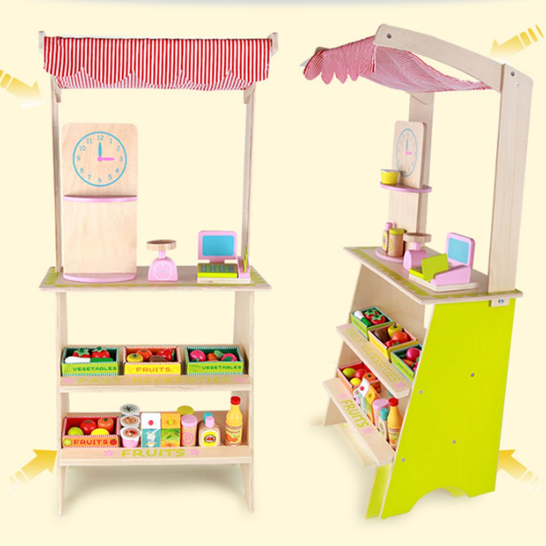 Kids Wooden Toy Pretend Play Marketplace Stand Fruit Veg Shop Stall Supermarket Buy Pretend