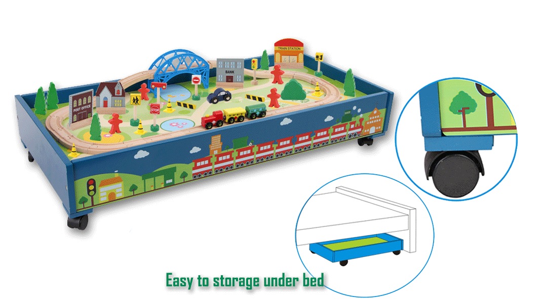 Wooden Train Table Tracks Children Pretend Play Set Toy Kids