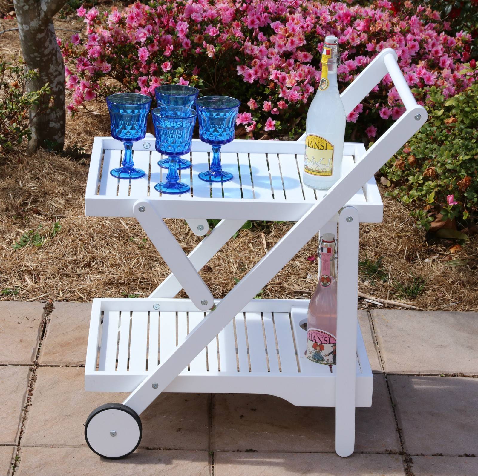 Drinks Trolley White Acacia Hardwood Foldable, Outdoor or Indoor