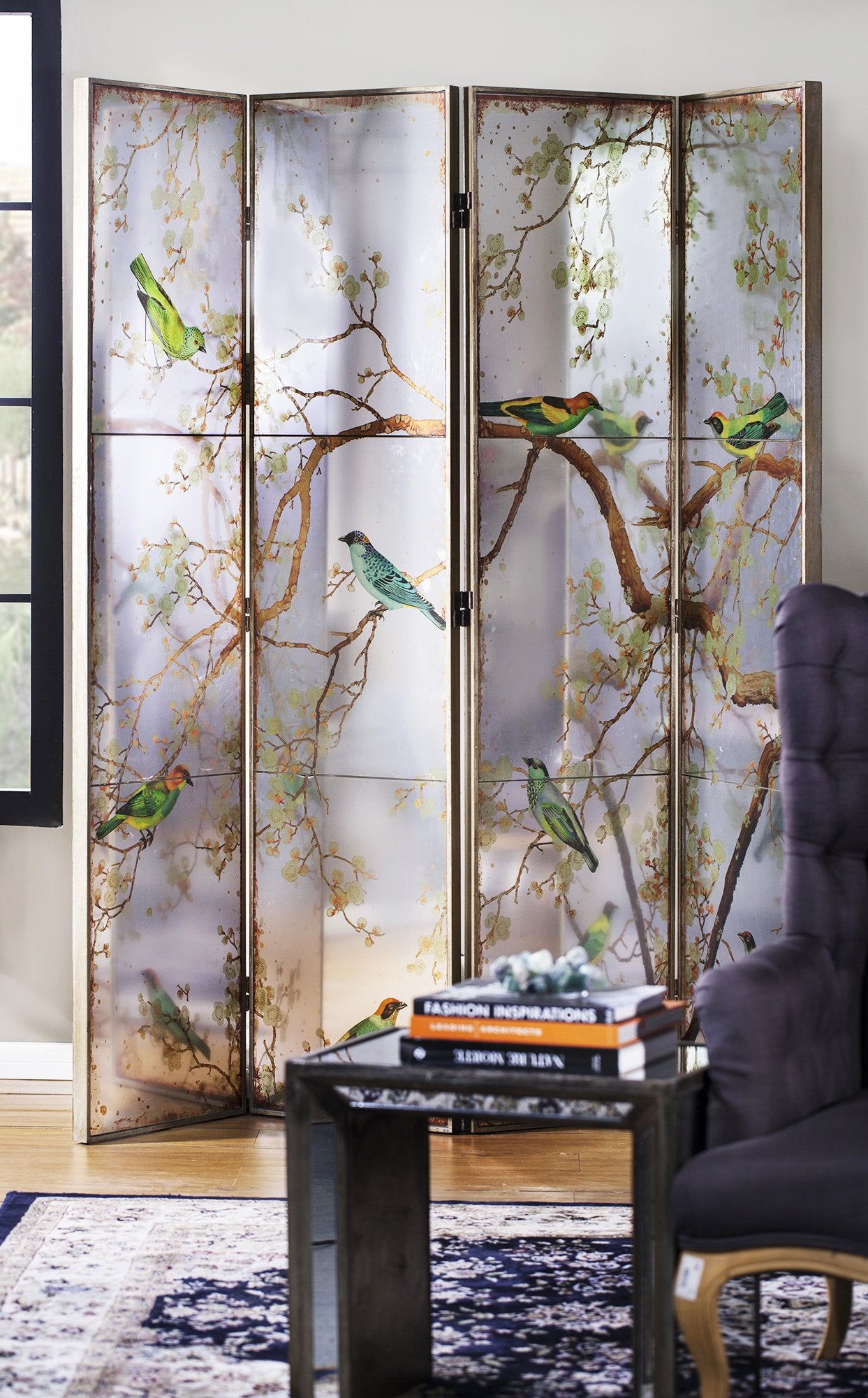 MIRRORED BIRD DIVIDER Buy Room Dividers Screens 207890   4 Panel Bird Art Mirrored Room Divider Screen 198cm 01 