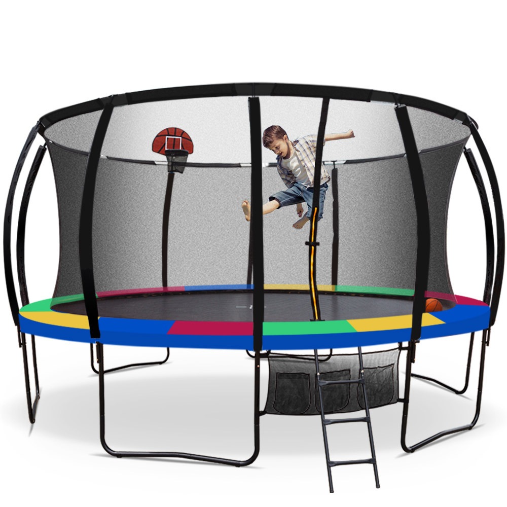 UPSHOT 16ft Round Kids Trampoline Curved Pole Basketball Set Black