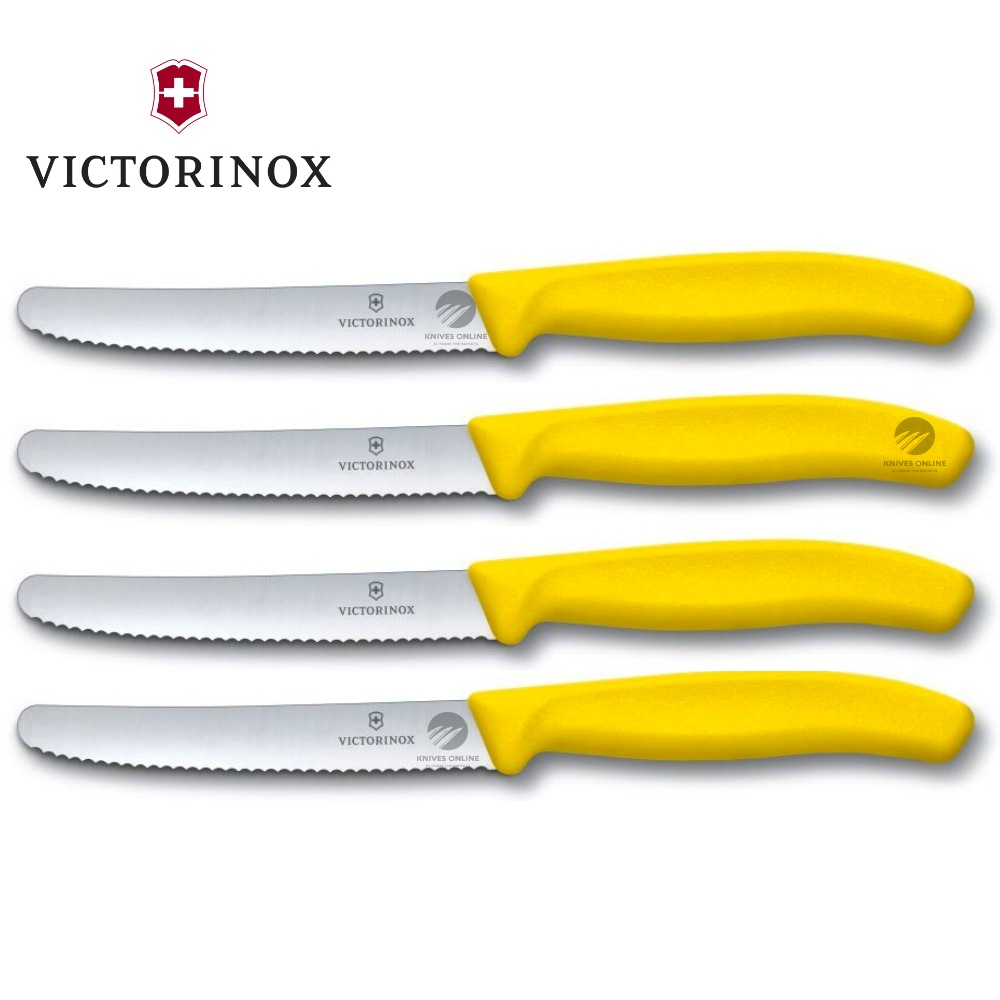 VICTORINOX STEAK KNIVES SET OF 4 ERGONOMIC SERRATED ROUND TIP YELLOW