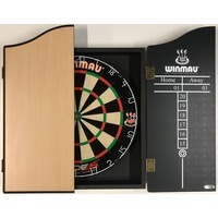 Winmau Blade 5 FIVE Dart Board Set & Winmau Beech Wooden Cabinet + 6 x Darts