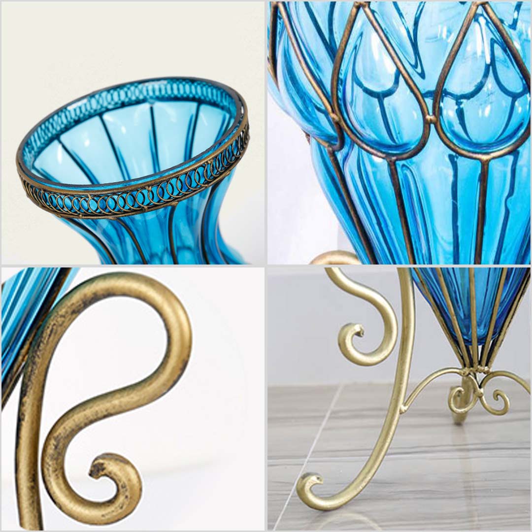 SOGA 65cm Blue Glass Tall Floor Vase with Metal Flower ...