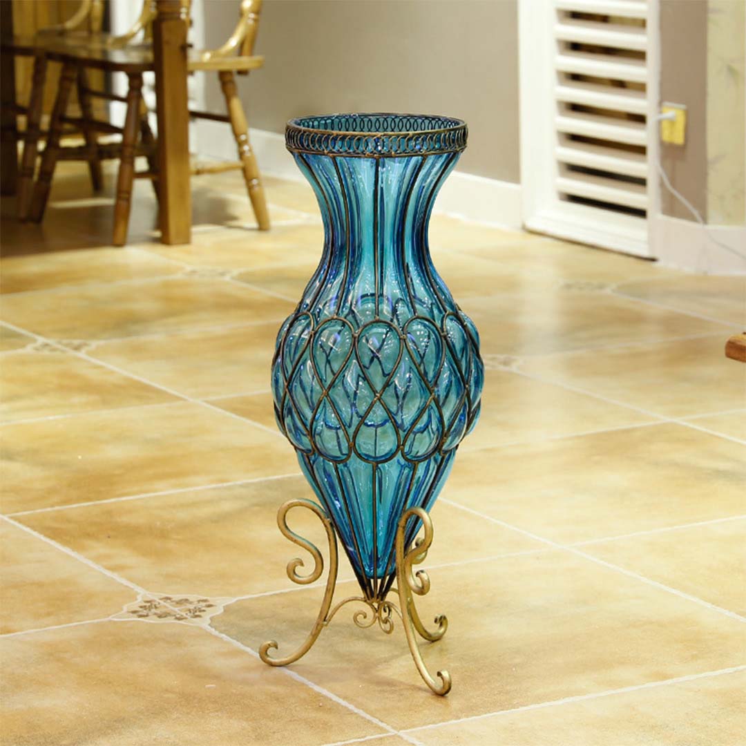 SOGA 65cm Blue Glass Tall Floor Vase with Metal Flower Stand Buy SOGA 65cm Blue Glass Tall Floor Vase with Metal Flower Stand Buy