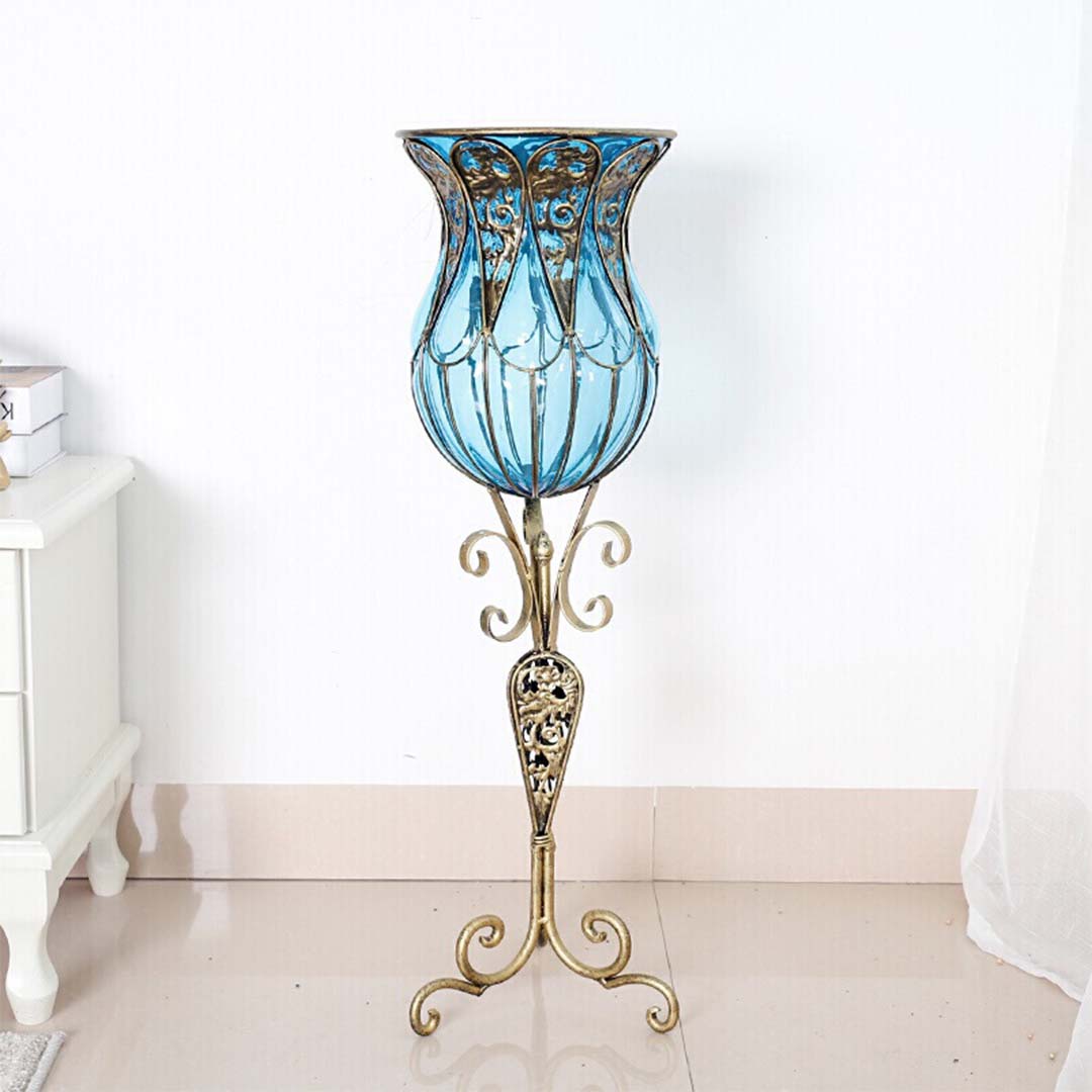 SOGA 85cm Blue Glass Floor Vase with Tall Metal Flower Stand Buy