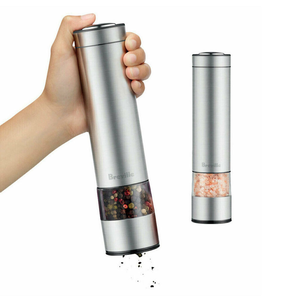 2pc Breville 23cm Electric Stainless Steel Salt & Pepper Grinders/Mill