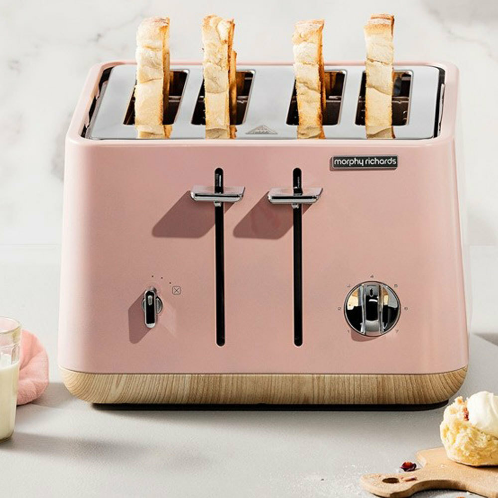 Morphy Richards Scandi Dusty Pink/Wood Trim Base 4 Slice Toaster