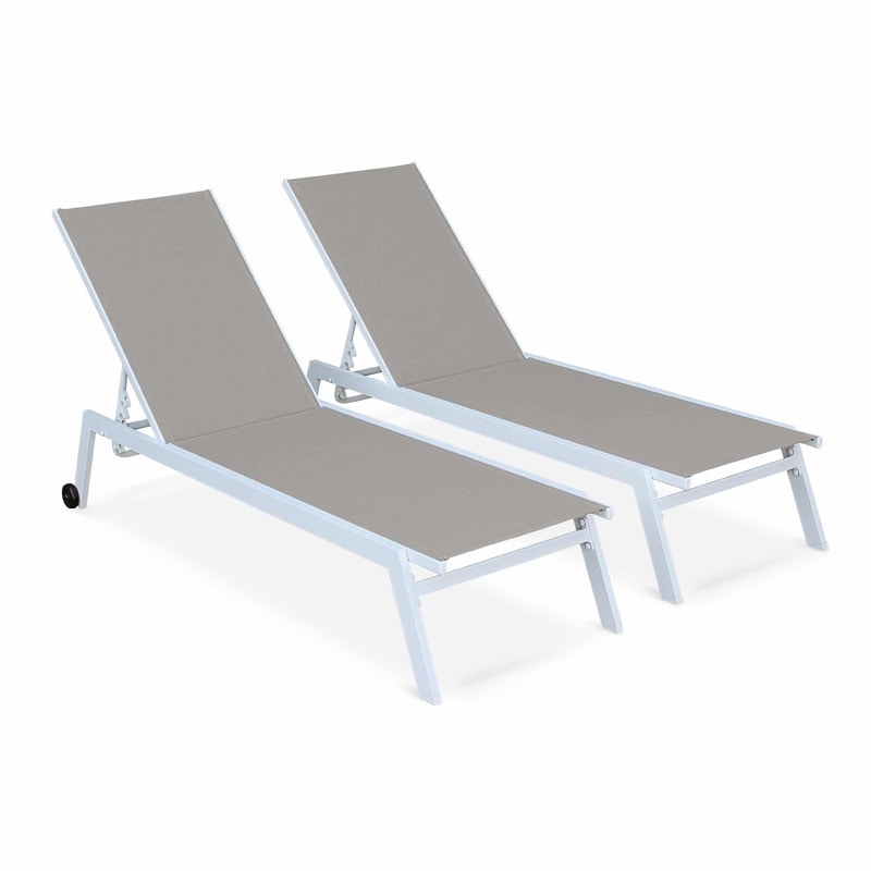 ELSA Set of 2x Sun Loungers in Aluminium and Textilene, adjustable with wheels White Frame