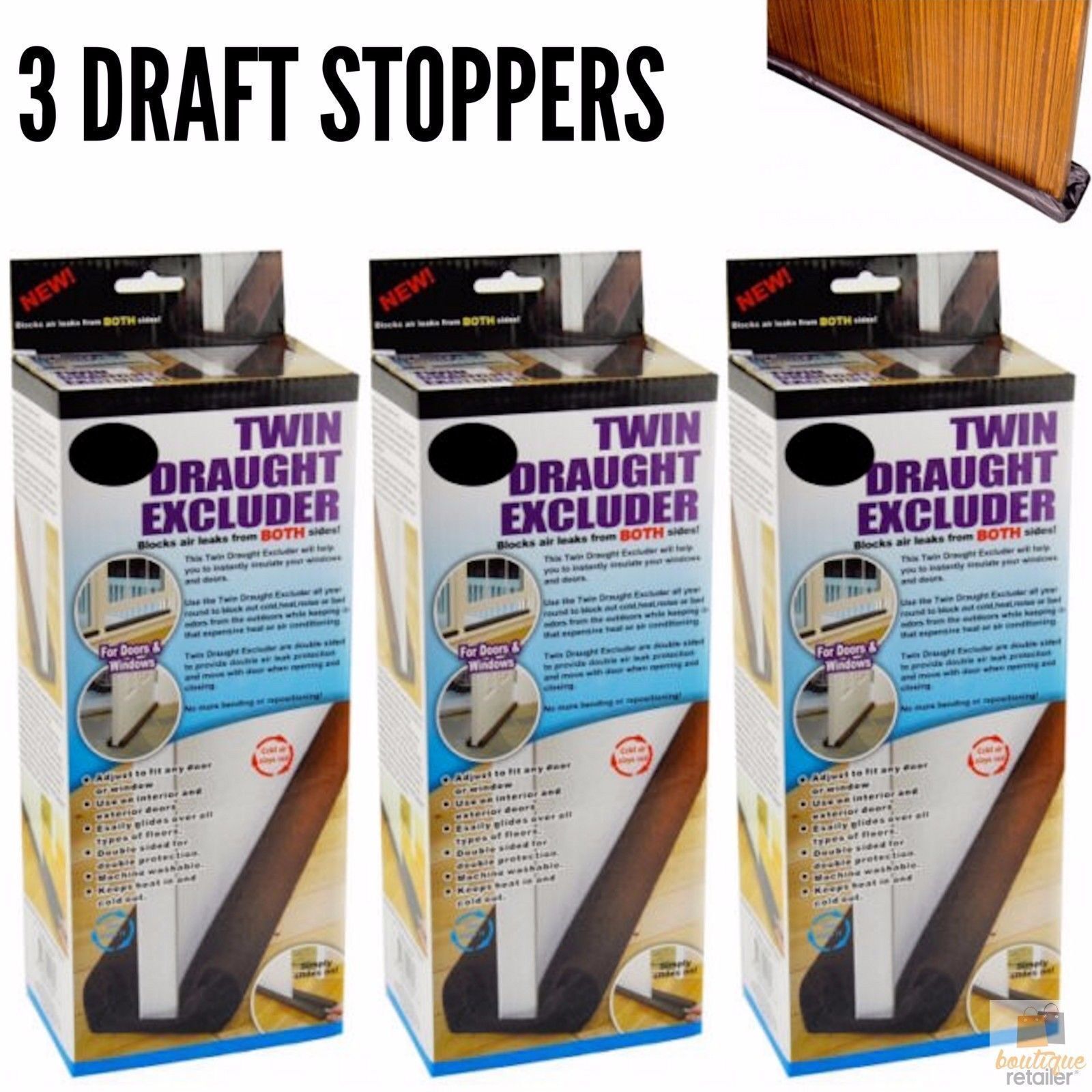 3x Twin Draft Stopper Double Sided Snake Air Wind Door Guard Cover