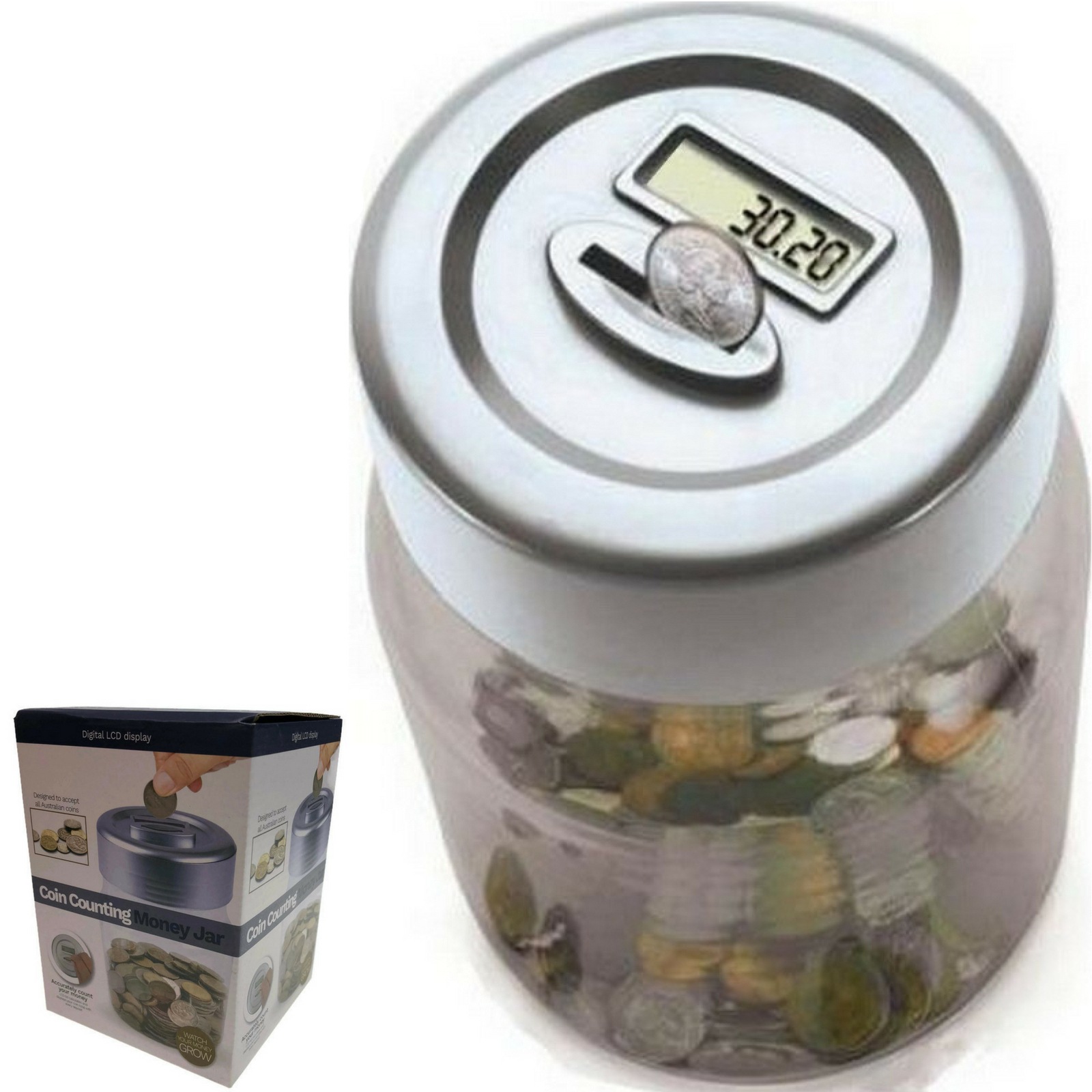 Aussie Coin Counting Money Box Jar Digital LCD Display Suits