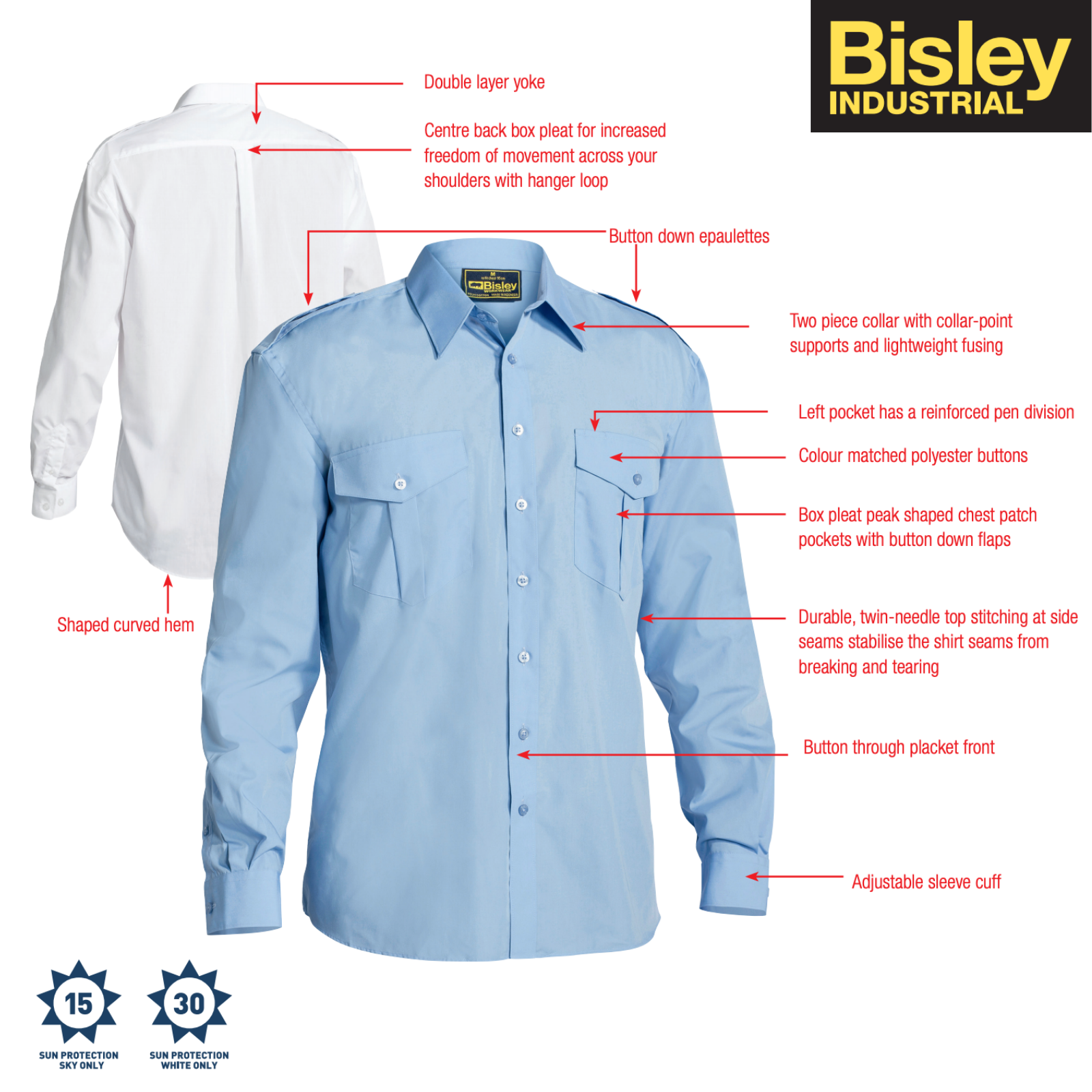 BISLEY Men's Epaulette Long Sleeve Shirt Security - Sky Blue | Buy Men ...