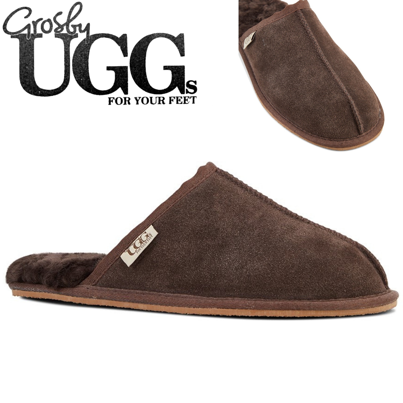 GROSBY Buck UGG Men's Sheepskin Slippers Scuff Slip On Leather