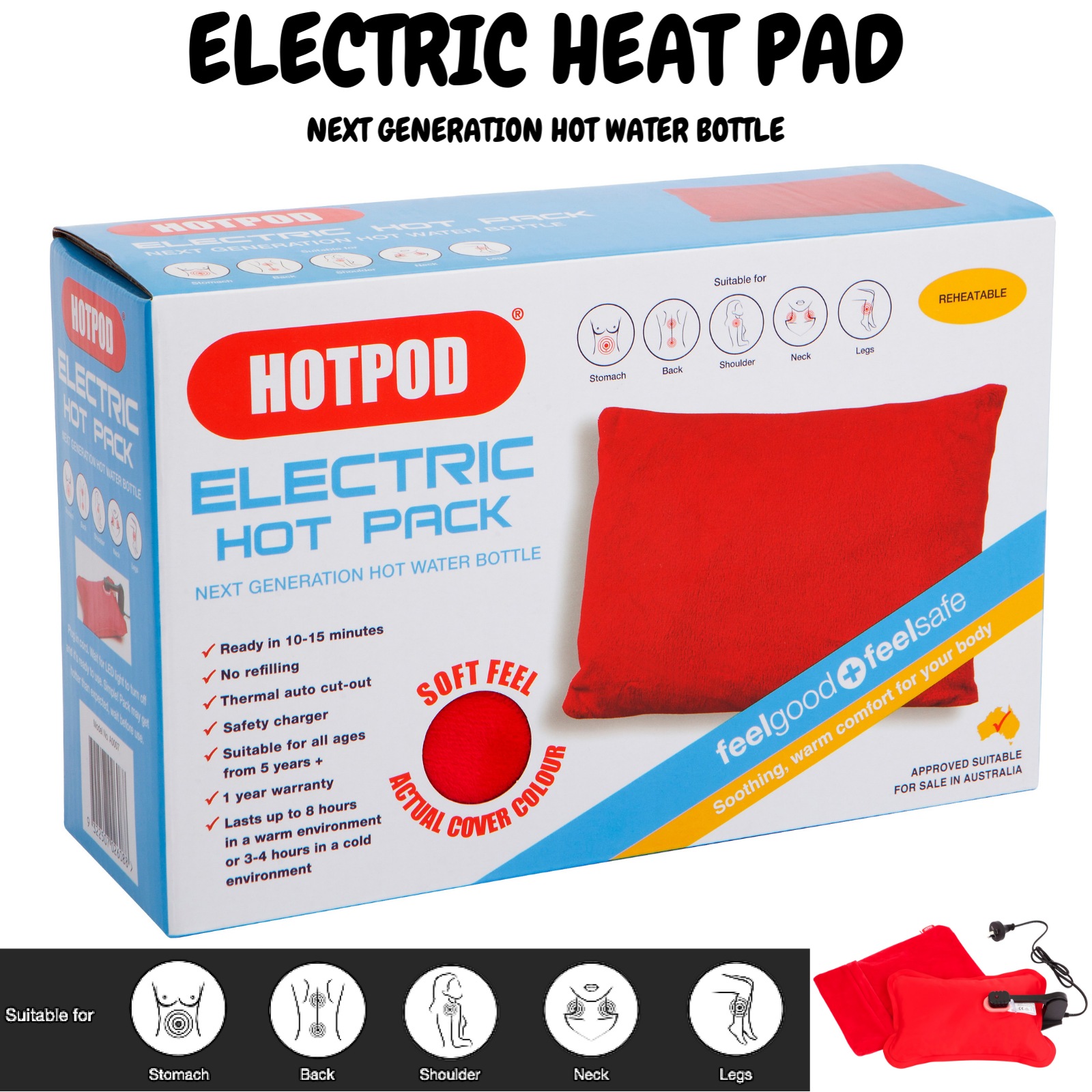 HOTPOD Electric Hot Pack Water Bottle Reheatable Pillow Pad Sleep Aid