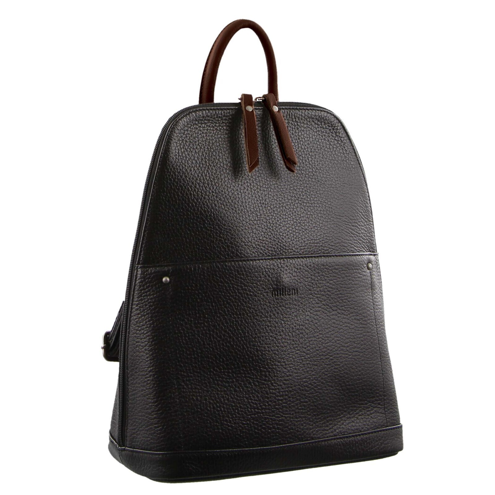Milleni Ladies Genuine Italian Leather Backpack Bag Twin Zip Black
