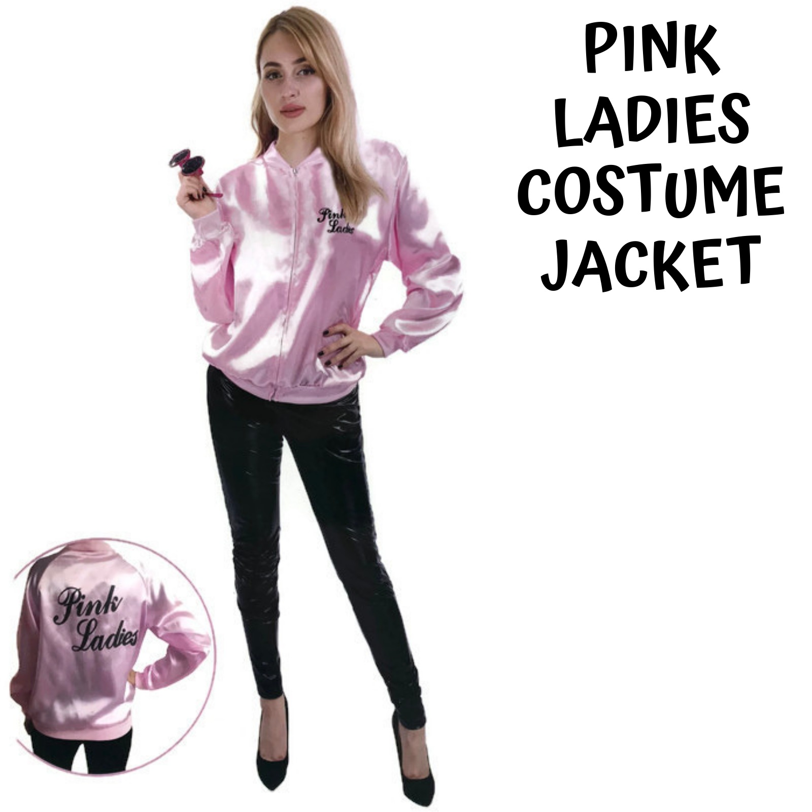 Pink Ladies 50's Zip Up Jacket Costume Party Grease Shirt Fancy Dress