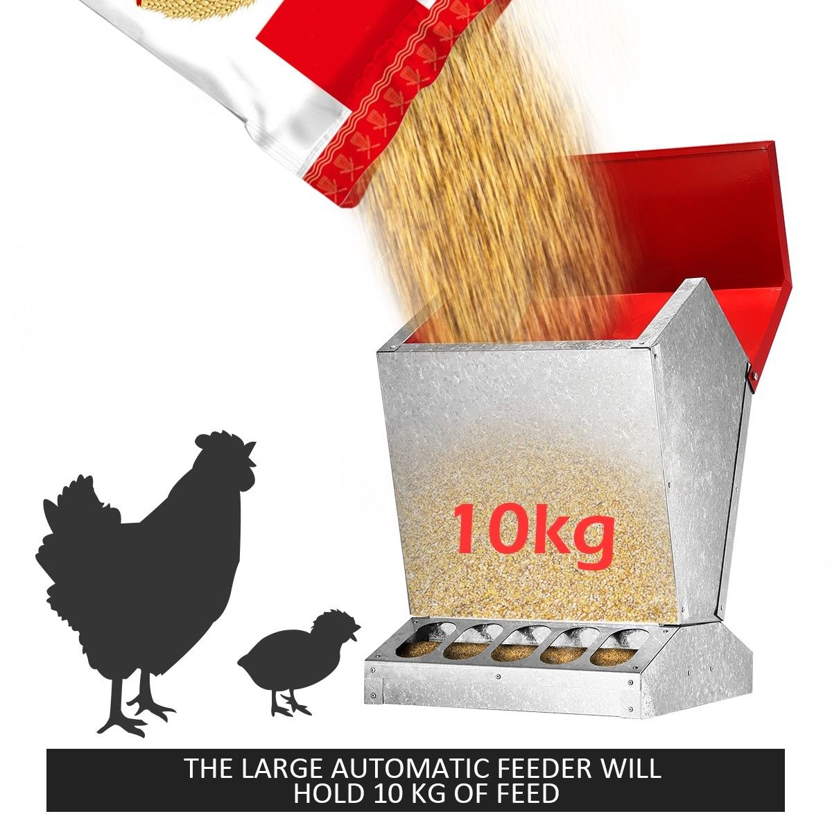 Chicken Feeder 10kg Capacity Galvanized Steel Poultry Auto Feeder