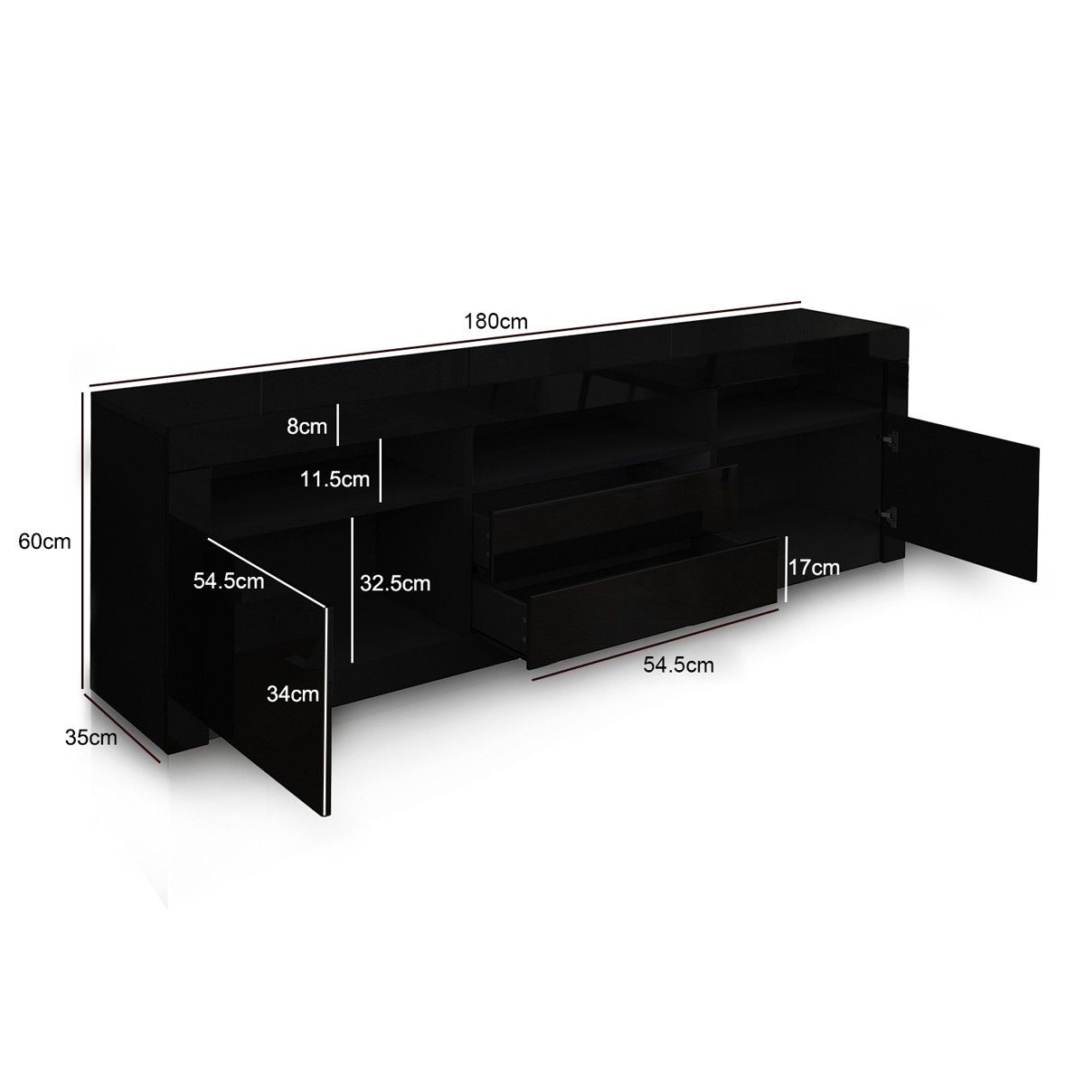 180cm Modern Wooden TV Unit Side Cabinet RGB LED High Gloss Front-Black ...