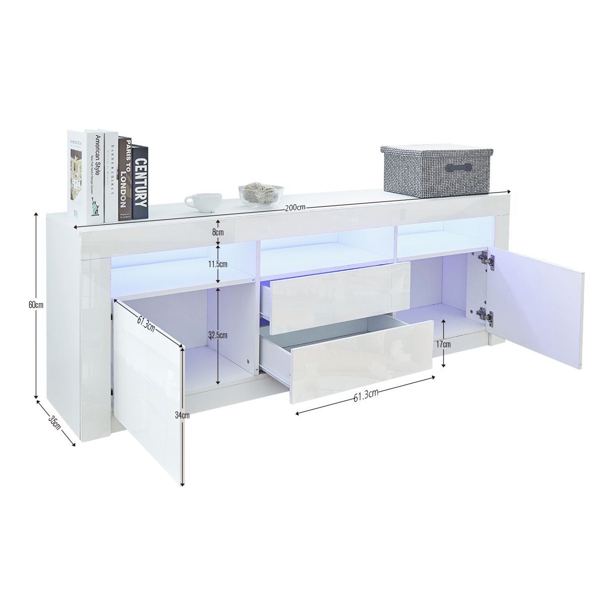 200cm Modern Wooden TV Unit Side RGB LED High Gloss Front White