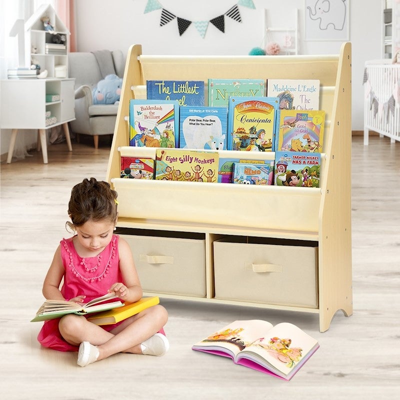 5 Level Kids Wooden Canvas Bookshelf W Storage Bins Buy Kids