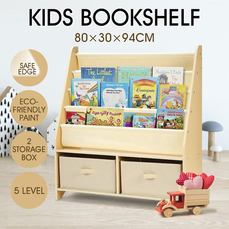 5 Level Kids Wooden Canvas Bookshelf W Storage Bins Buy Kids