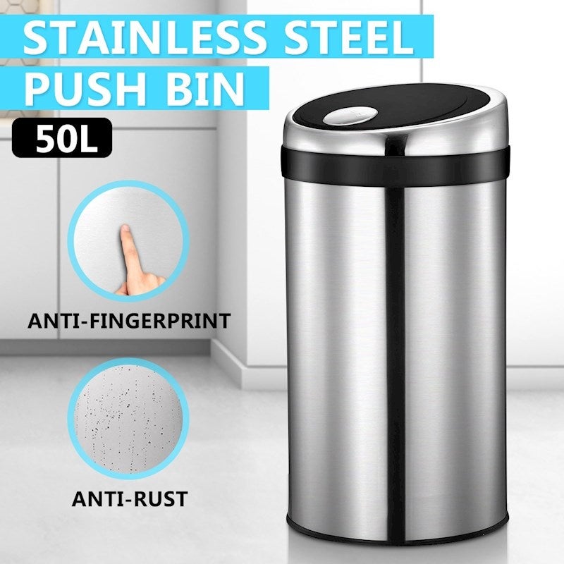 50L Touch Top Garbage Rubbish Bin Stainless Steel Push Kitchen Waste