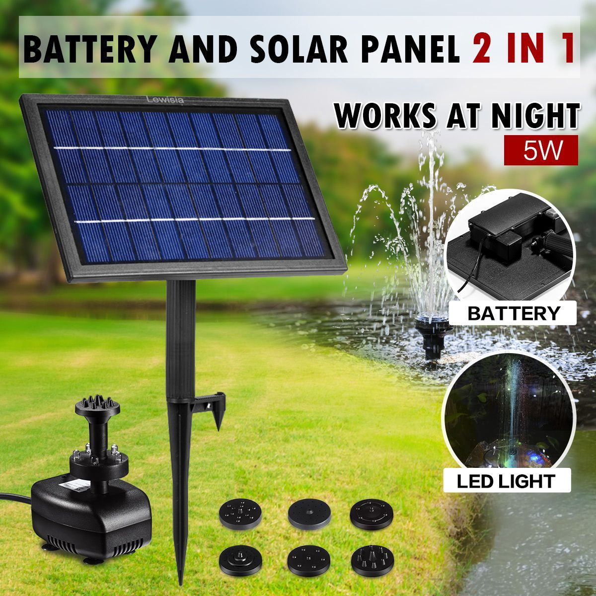 5w 2 In 1 Outdoor Solar Power Fountain Pool Water Pump Kit W Battery Led Light
