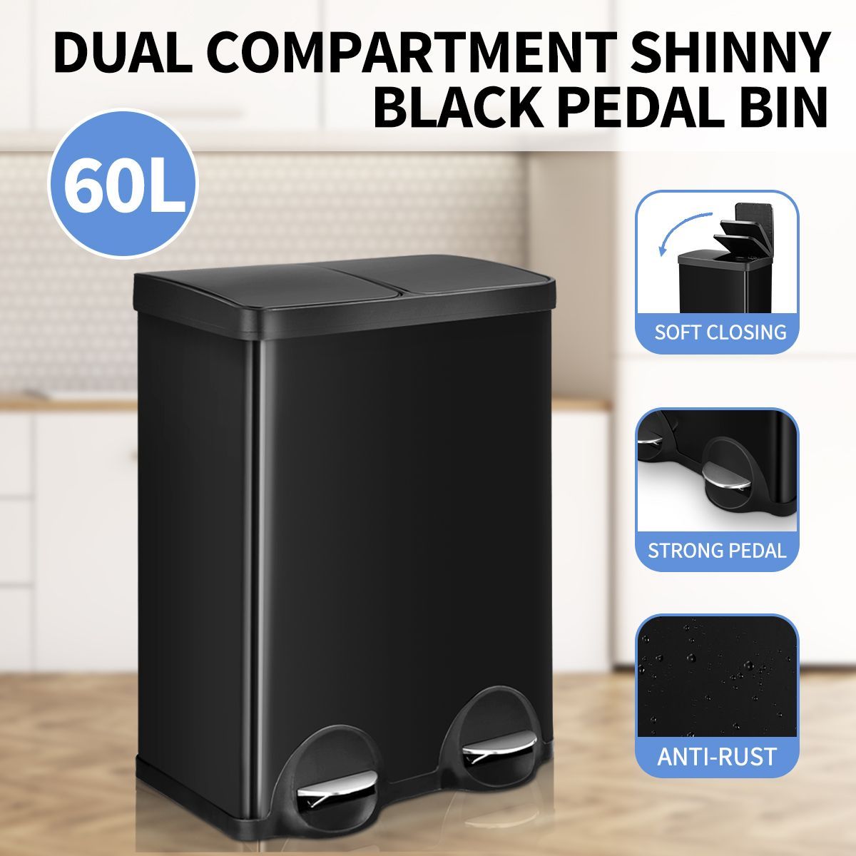 60L Dual Compartment Pedal Garbage Rubbish Bin Steel Shiny Black Kitchen Waste Trash Can Buy