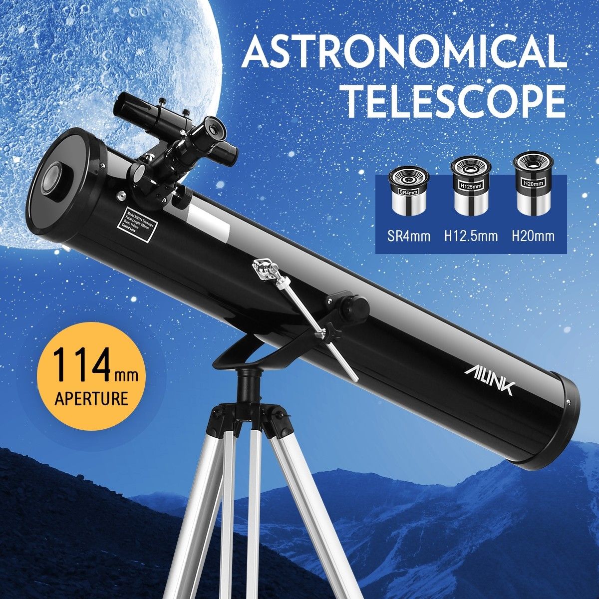 Astronomical Telescope 900mm Focal Length 114mm Aperture Tripod Black