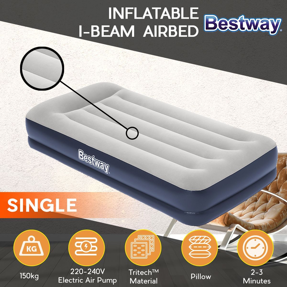 Bestway Inflatable Bed Single Size Air Mattress with Builtin Pump and
