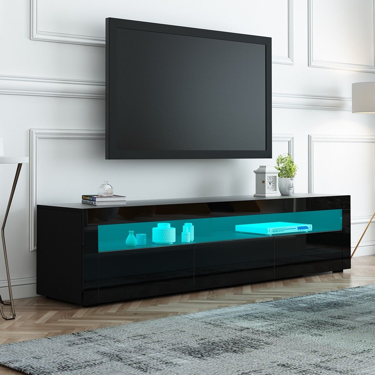 Black Wooden TV Stand TV Table RGB LED High Gloss Front 196cm | Buy ...