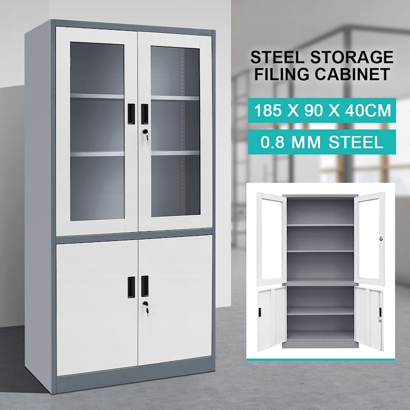 Steel Storage Cabinet Lockable Cupboard With 2 Transparent Doors