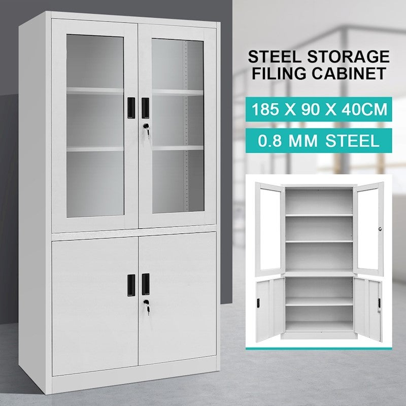Two Transparent Glass Door Steel Cabinet Lockable Storage Cupboard