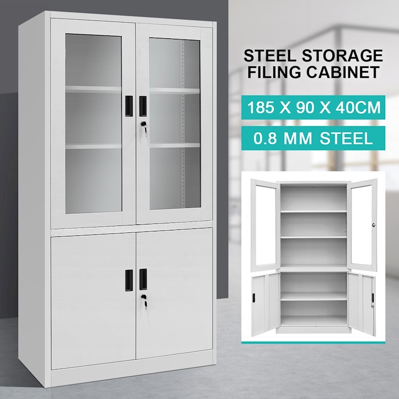 Two Transparent Glass Door Steel Cabinet Lockable Storage Cupboard