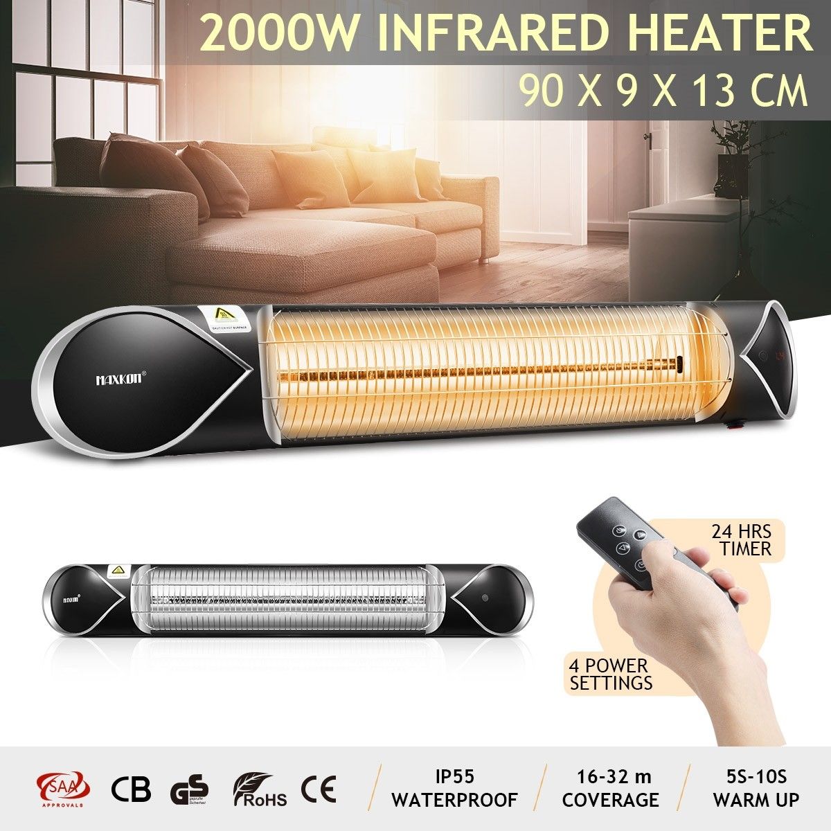 Maxkon 2000W Carbon Fibre Infrared Heater Instant Heat Electric Patio