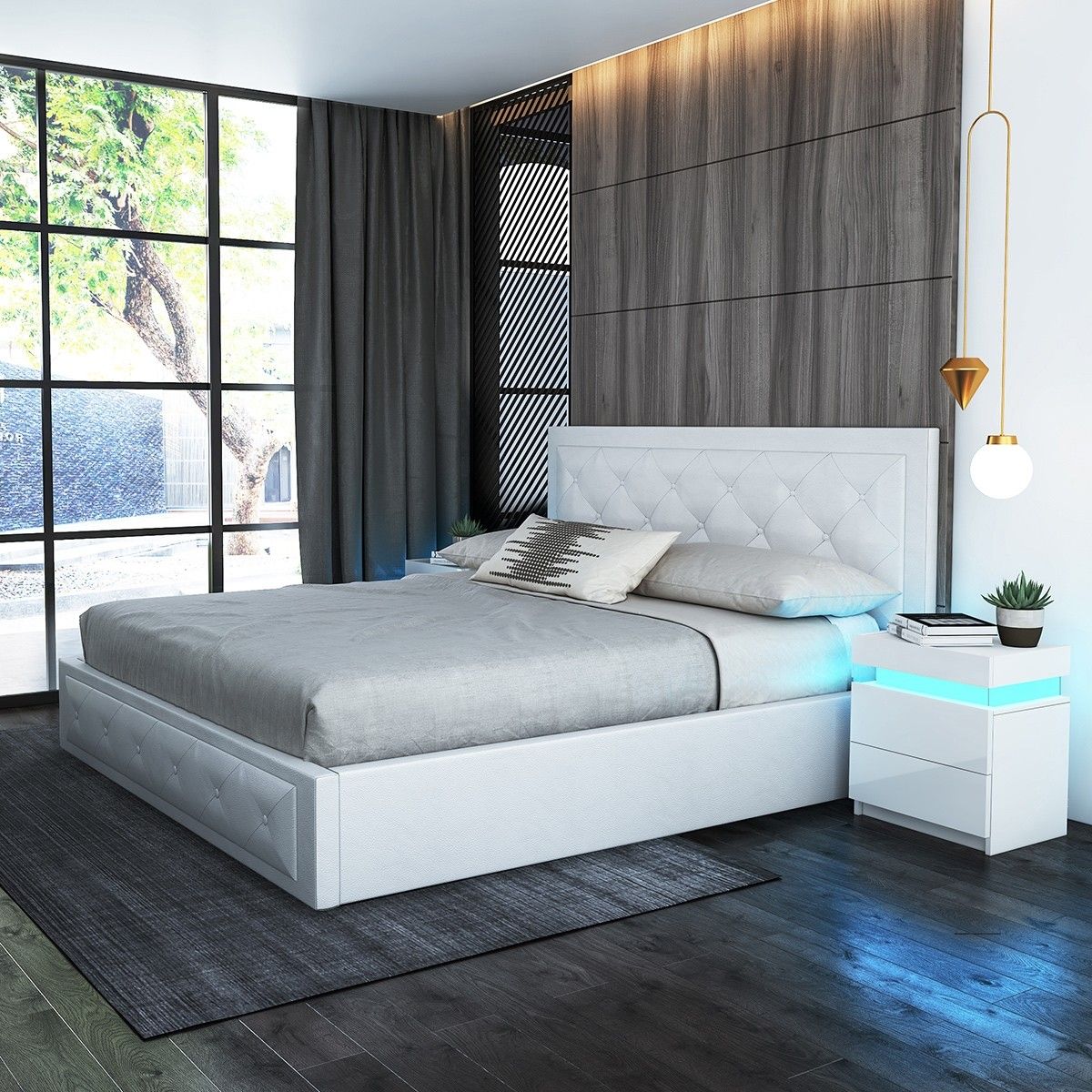 Modern Queen Size Wood Bed Frame PU Leather Gas Lift Storage Bed Base