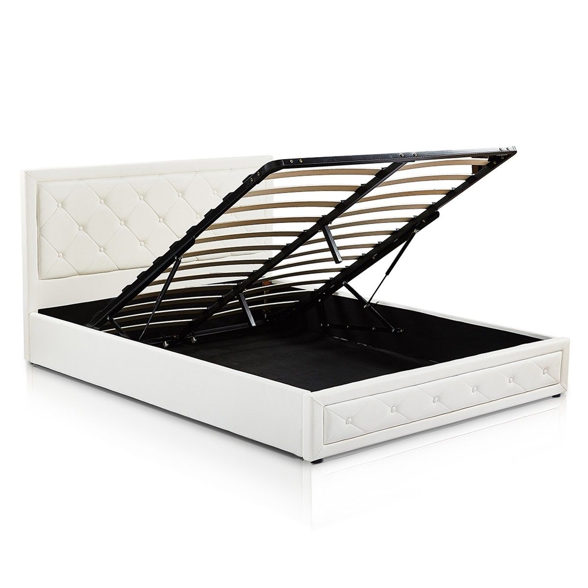 Modern Queen Size Wood Bed Frame PU Leather Gas Lift Storage Bed Base