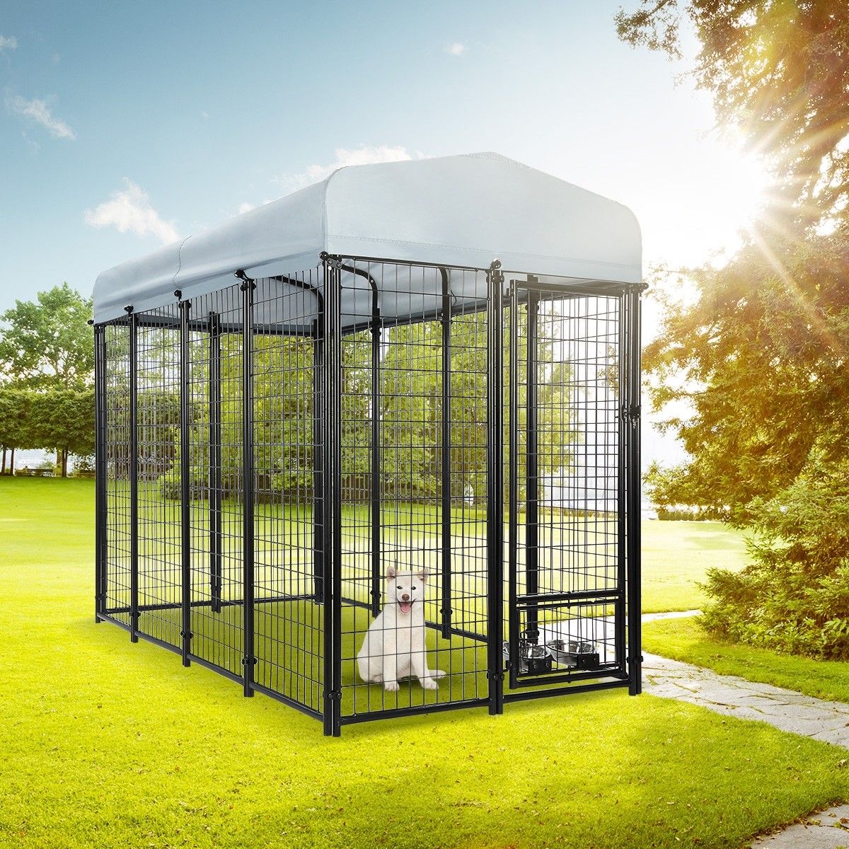 New Pet Dog Kennel Run Enclosure 2.4x1.2x1.8m Galvanised Steel Play Pen Fence w/Fabric Cover