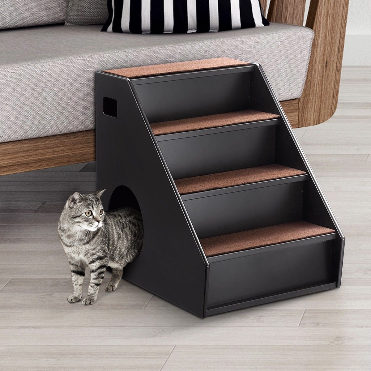 Wooden 4 Steps Dog Cat Stairs Pet Ramp Folding Doggy Ladder W/ Hideaway