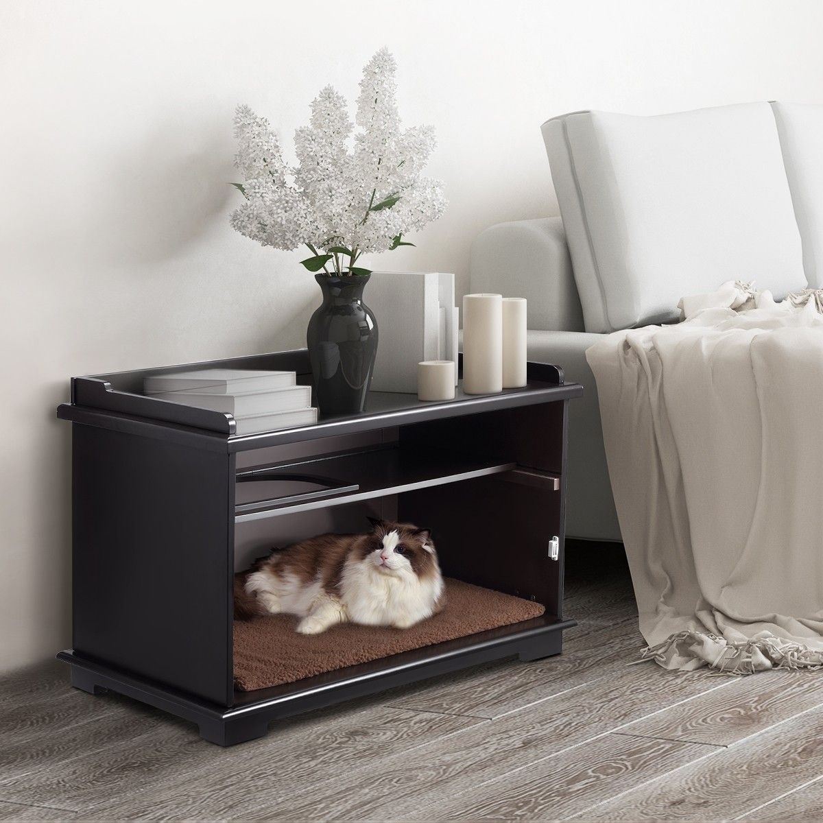 Wooden Pet House Cat Enclosure Decorative Litter Box Furniture W