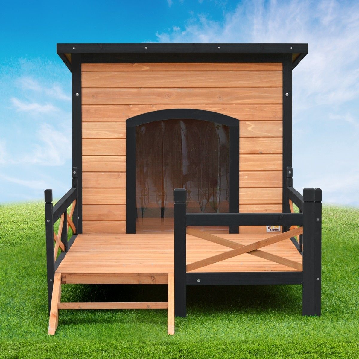 XL Wooden Dog Kennel AllWeather Flat Roof Pet House w/Patio & Window