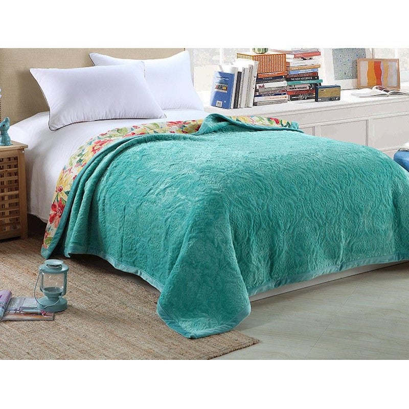 Luxury Cotton Bedspread Coverlet Damask Teal 200x230cm For Queen