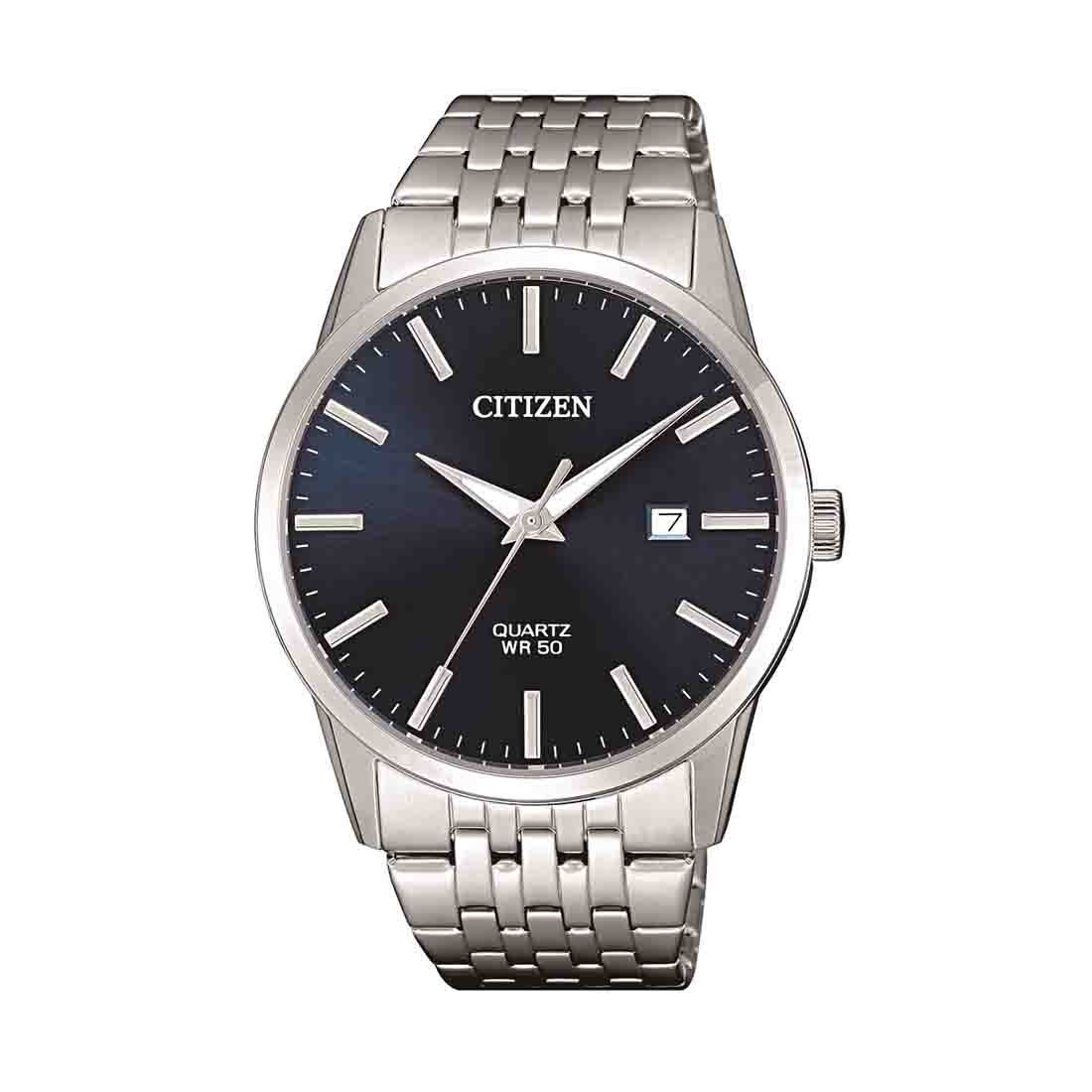 citizen silver watch with blue face