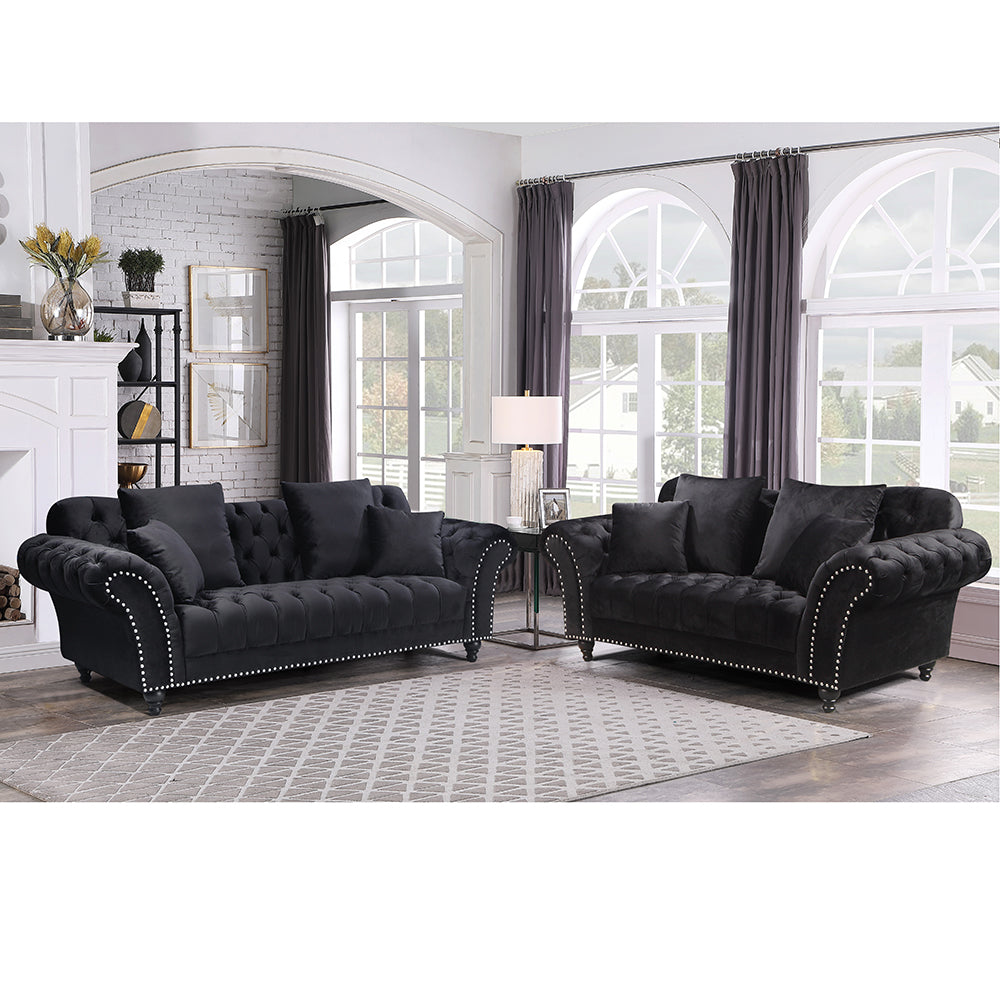 MONARCH CHESTERFIELD SOFA SET VELVET BLACK | Buy Sofas - 1318315