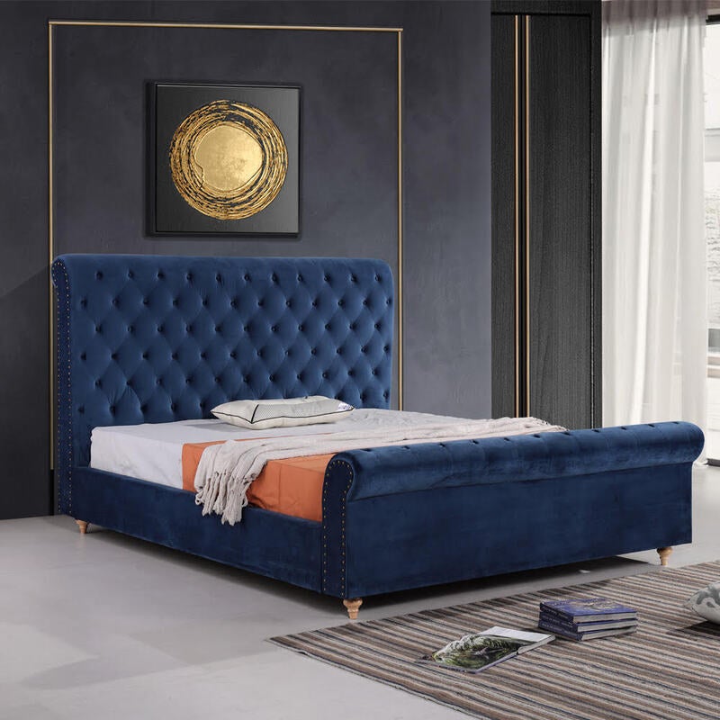 Paris Luxurious Bed Upholstered In Velvet Blue With Studded Trim