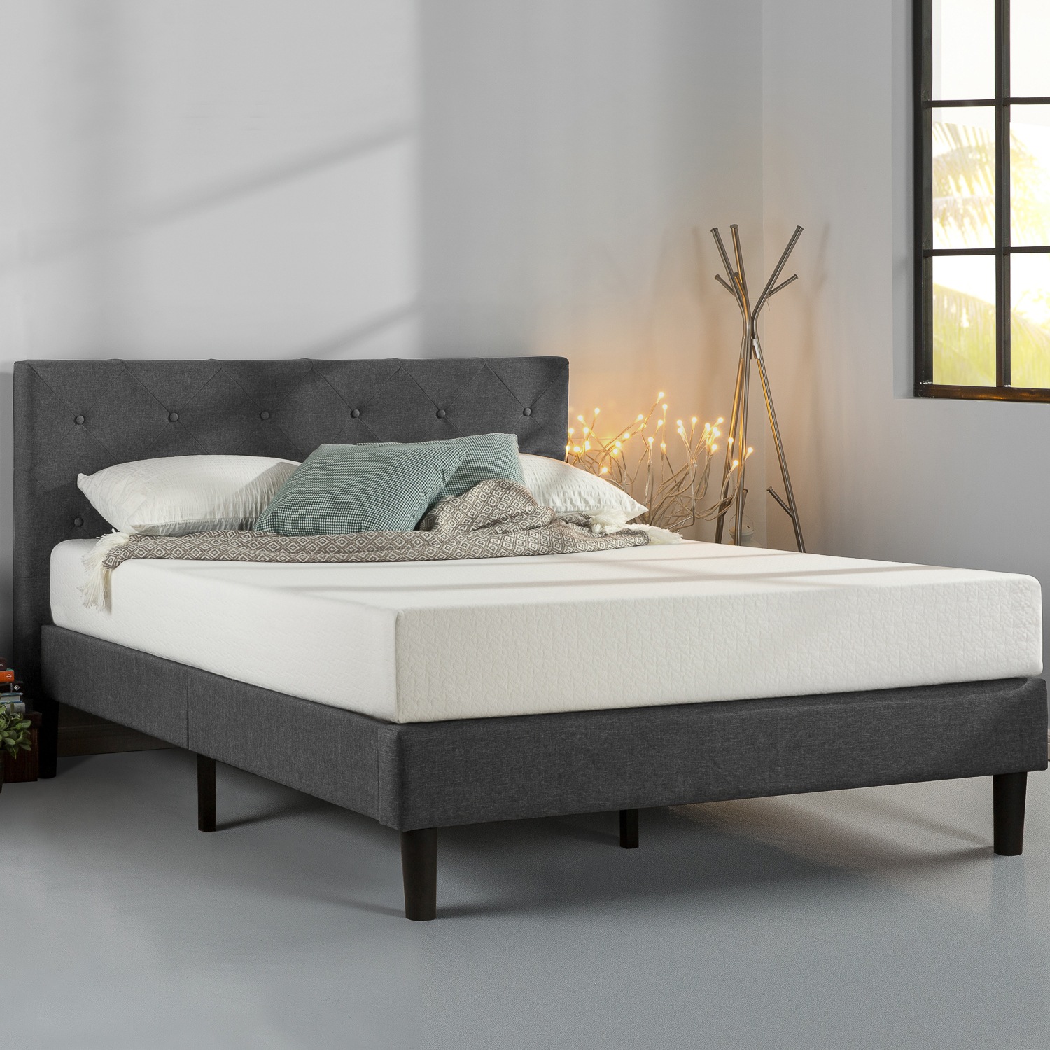 Zinus Shalini Upholstered Diamond Stitched Platform Fabric Bed Frame ...