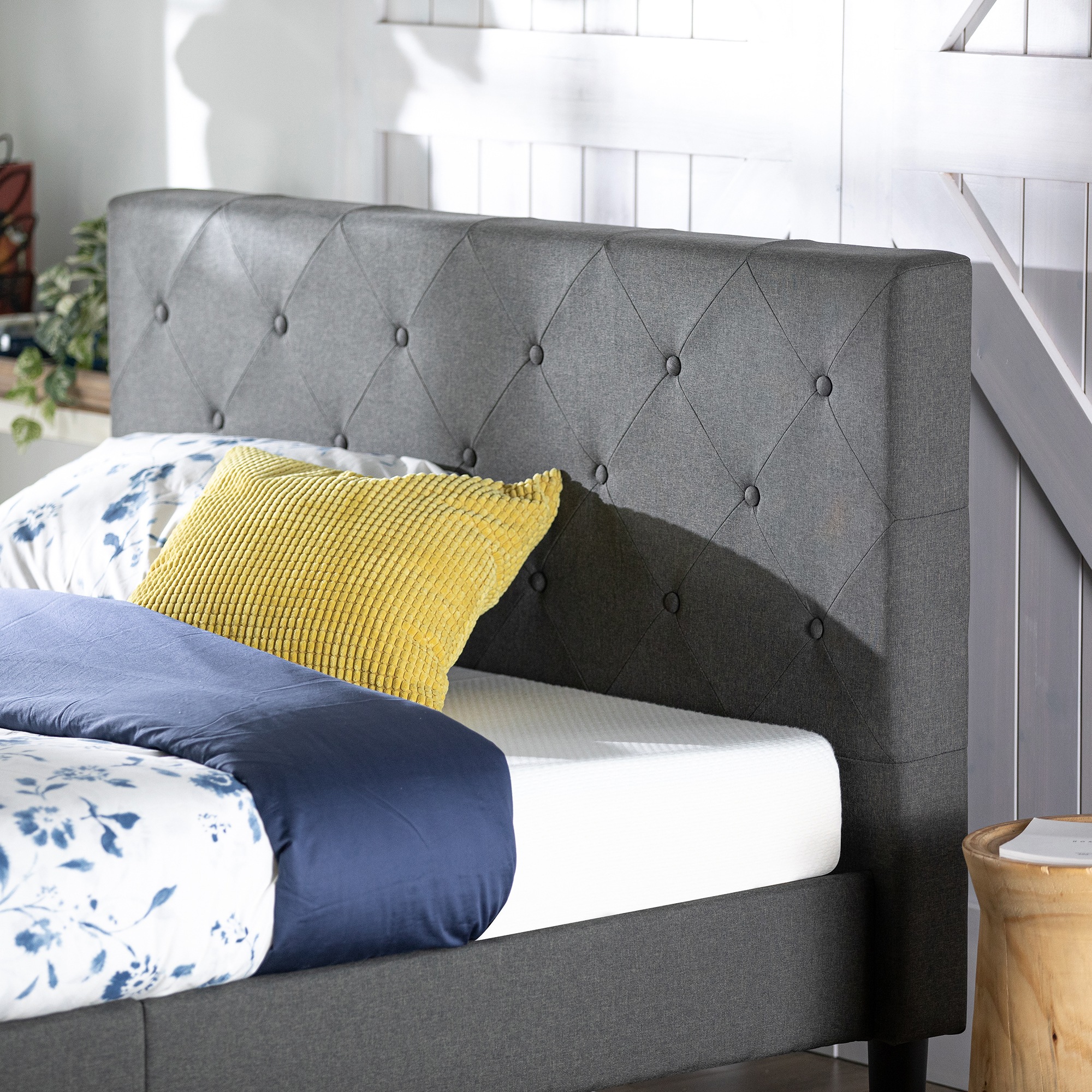 Zinus Shalini Upholstered Diamond Stitched Platform Fabric Bed Frame Base Mattress with Wooden