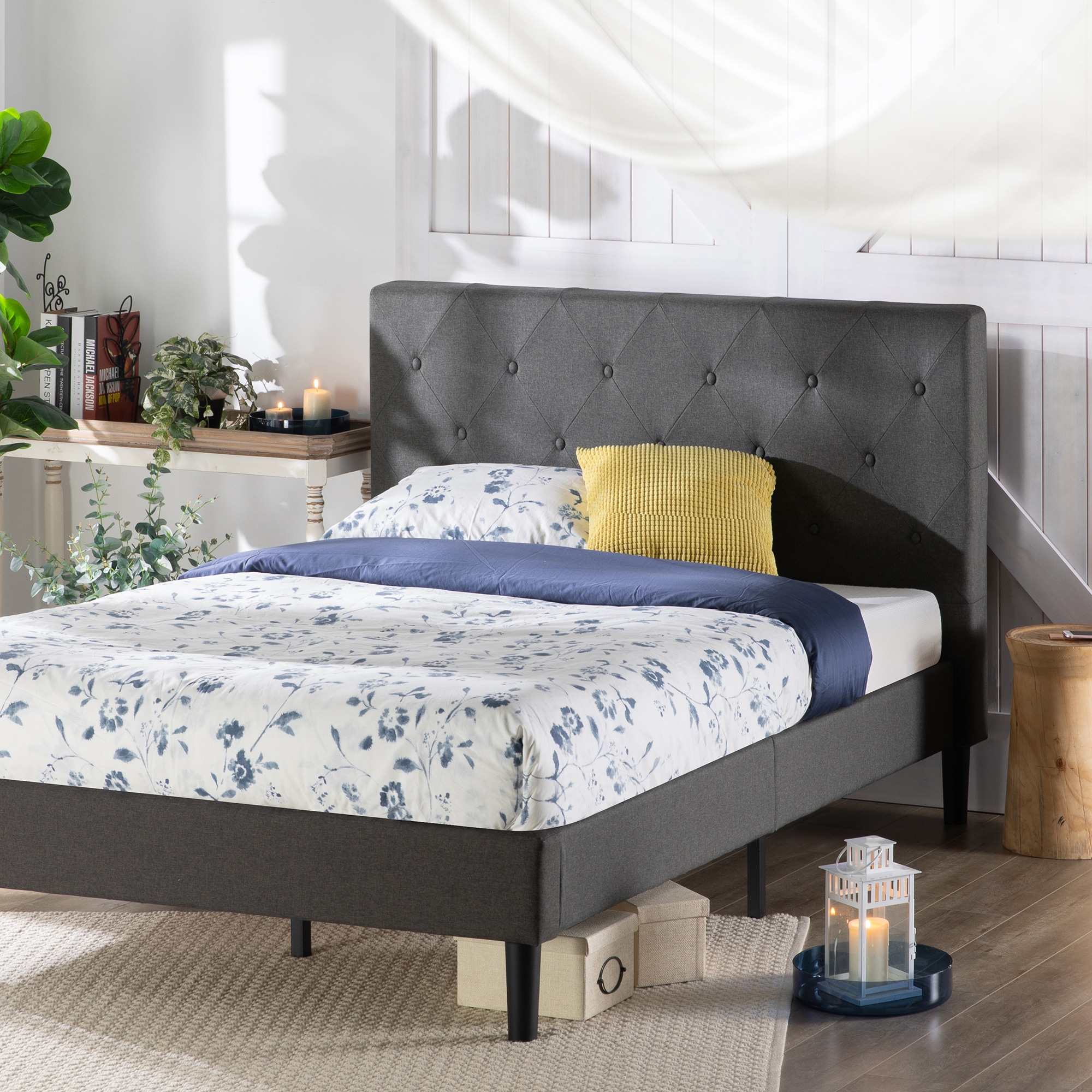 Zinus Shalini Upholstered Diamond Stitched Platform Fabric Bed Frame